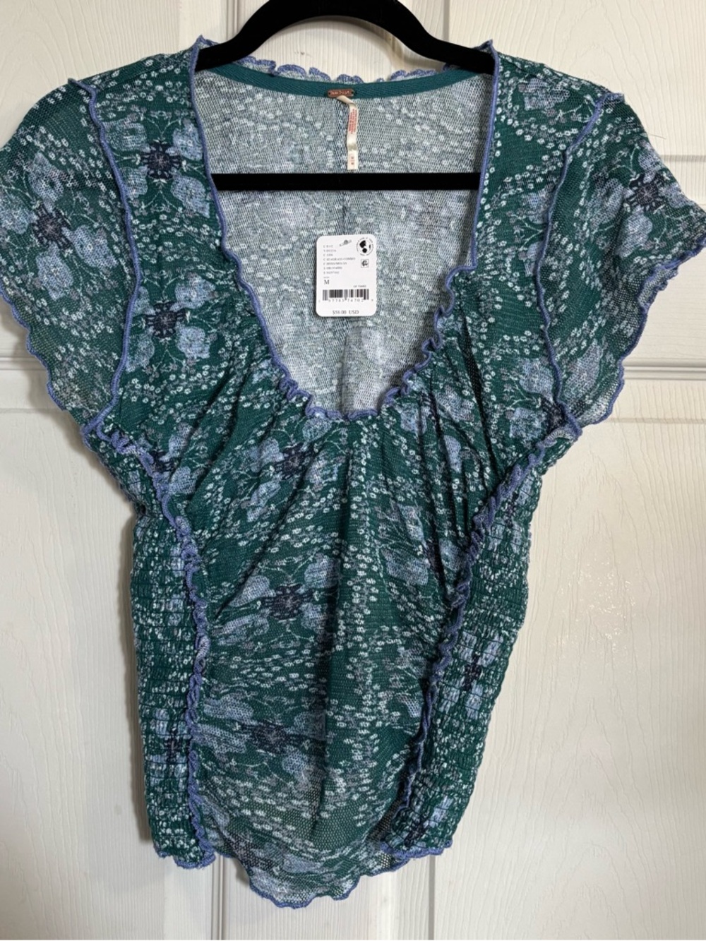 Free People Oh My Baby Tee Mesh Top Seagrass combo Lettuce Hem Cropped Blouse